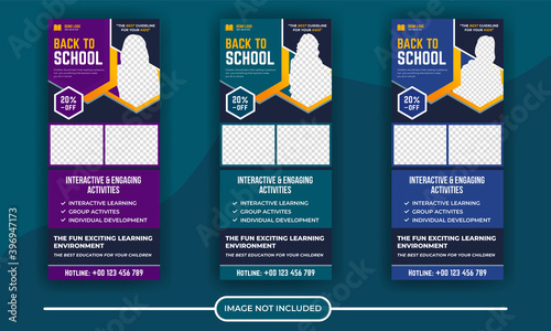 Rollup banner design with simple shapes for minimalistic company promotion. Back to school admission roll up a banner template or DL flyer