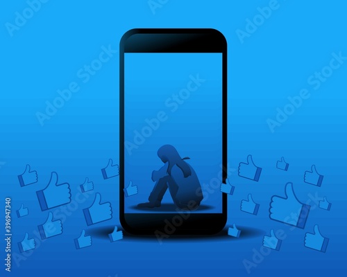 Silhouette of a female character sitting alone on a cellphone gets a lot of likes. Social Media Anxiety Disorder. Illustration vector