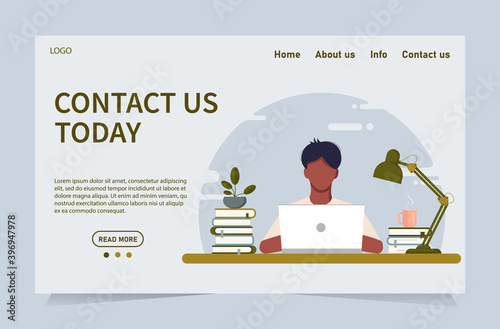 Concept template for web site and banner chat customer service support. The guy the African operator at the laptop works from the home office, online training. Flat style, design vector graphics.
