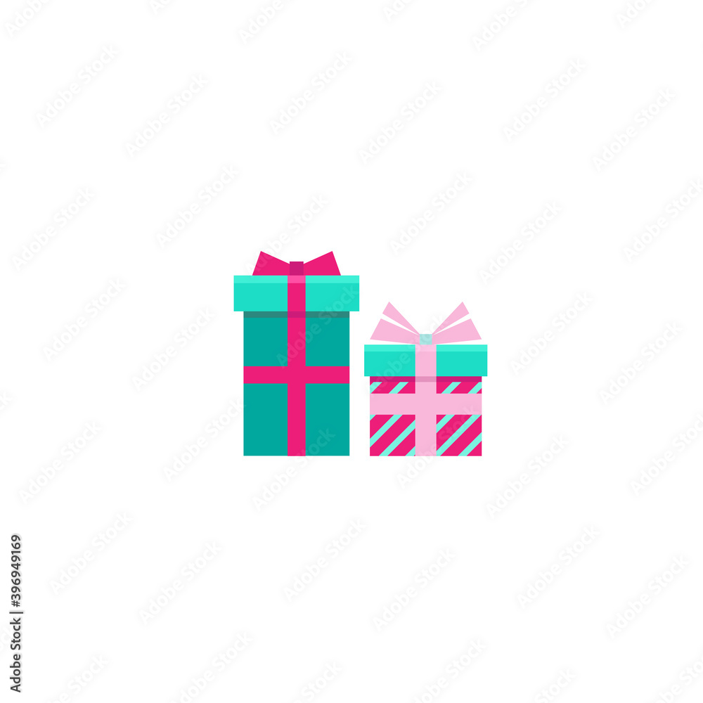 two turquoise and pink present box with ribbon. simple icon isolated on white background.