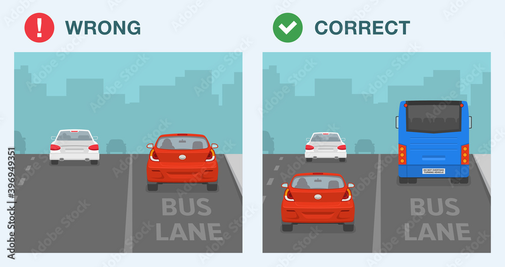 Bus lane rule. Correct and wrong driving. Do's and don'ts. Back view of
