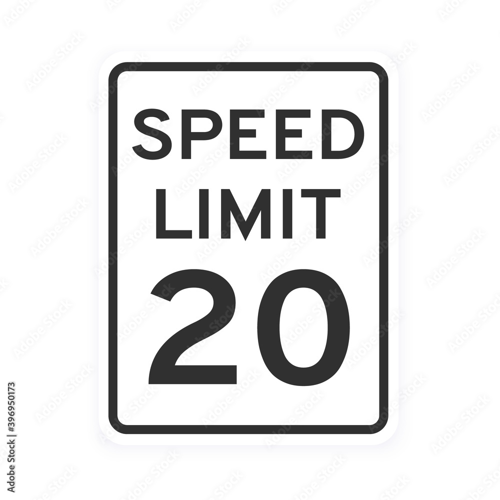 Speed limit 20 road traffic icon sign flat style design vector illustration isolated on white background. Vertical standard road sign with text and number 20. Speed limit 20 road traffic icon sign flat style design vector illustration isolated on white background. Vertical standard road sign with text and number 20.