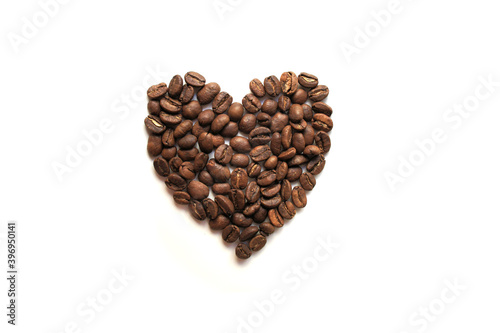 Heart Shaped Roasted Coffee Beans Isolated on White Background
