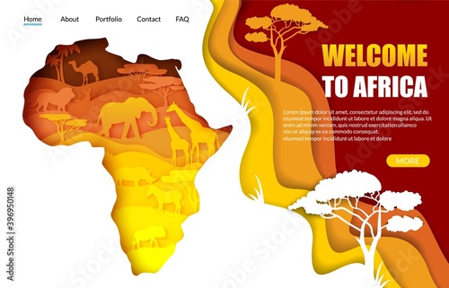 Welcome to Africa vector website template  landing page design for website and mobile site development. Paper cut Africa map with african landscape  wild animals silhouettes inside. Travel concept.