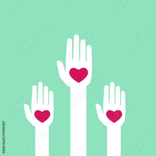 Turquoise background with hands holding hearts. charity, philanthropy, support, giving, help, love concept.