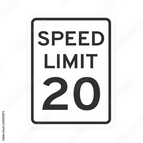 Speed limit 20 road traffic icon sign flat style design vector illustration isolated on white background. Vertical standard road sign with text and number 20.