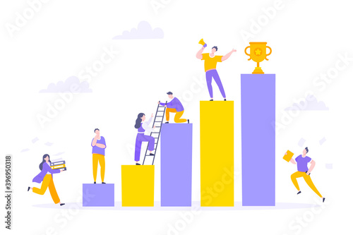 Career climbing and supporting with giving a helping hand business concept flat style design vector illustration. Collective teamwork and partnership or mentoring metaphor.
