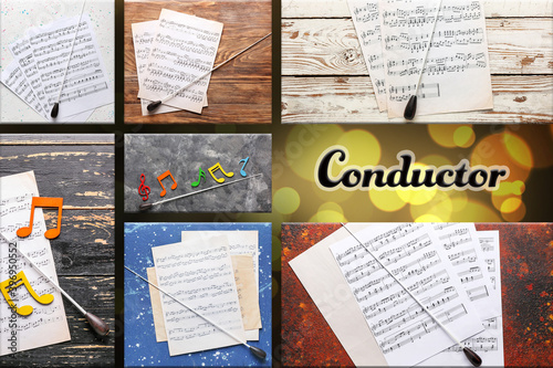 Collage of photos with note signs and word CONDUCTOR photo