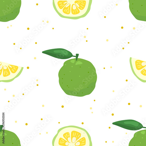 Green yuzu japanese citron fruit seamless pattern vector illustration isolated on white background. Full citrus yuzu fresh fruit with green leaves .