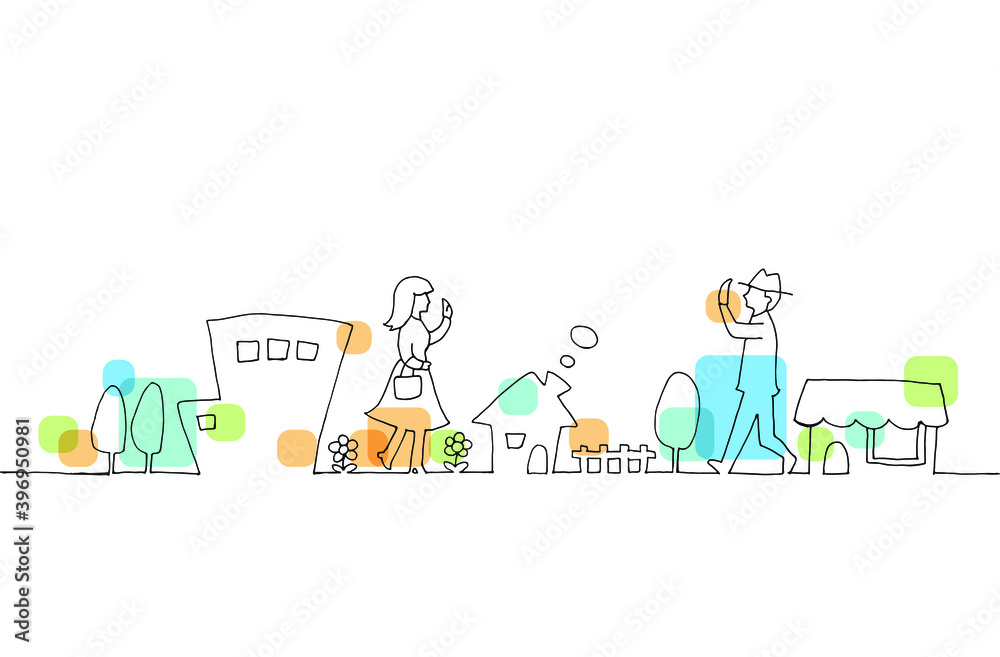 人々と町並みの線画イラスト 人々と町並みの線画イラスト