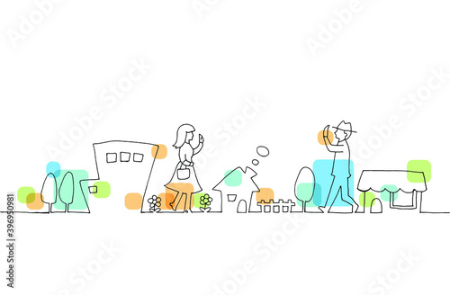 人々と町並みの線画イラスト
