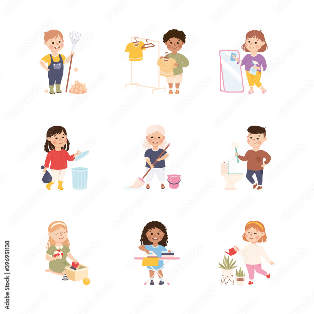 Kid Helping their Parents with Housework Set, Boys and Girls Doing Household Chores, Mopping Floor, Ironing Clothes, Raking Leaves Cartoon Style Vector Illustration Kid Helping their Parents with Housework Set, Boys and Girls Doing Household Chores, Mopping Floor, Ironing Clothes, Raking Leaves Cartoon Style Vector Illustration