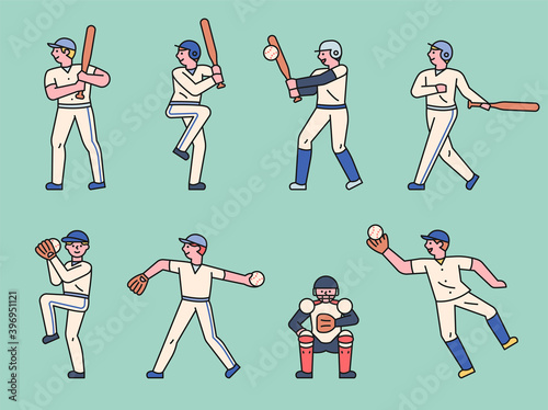 Cute baseball player character set. Various poses for pitcher, hitter, and catcher. flat design style minimal vector illustration.