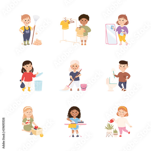 Kid Helping their Parents with Housework Set  Boys and Girls Doing Household Chores  Mopping Floor  Ironing Clothes  Raking Leaves Cartoon Style Vector Illustration