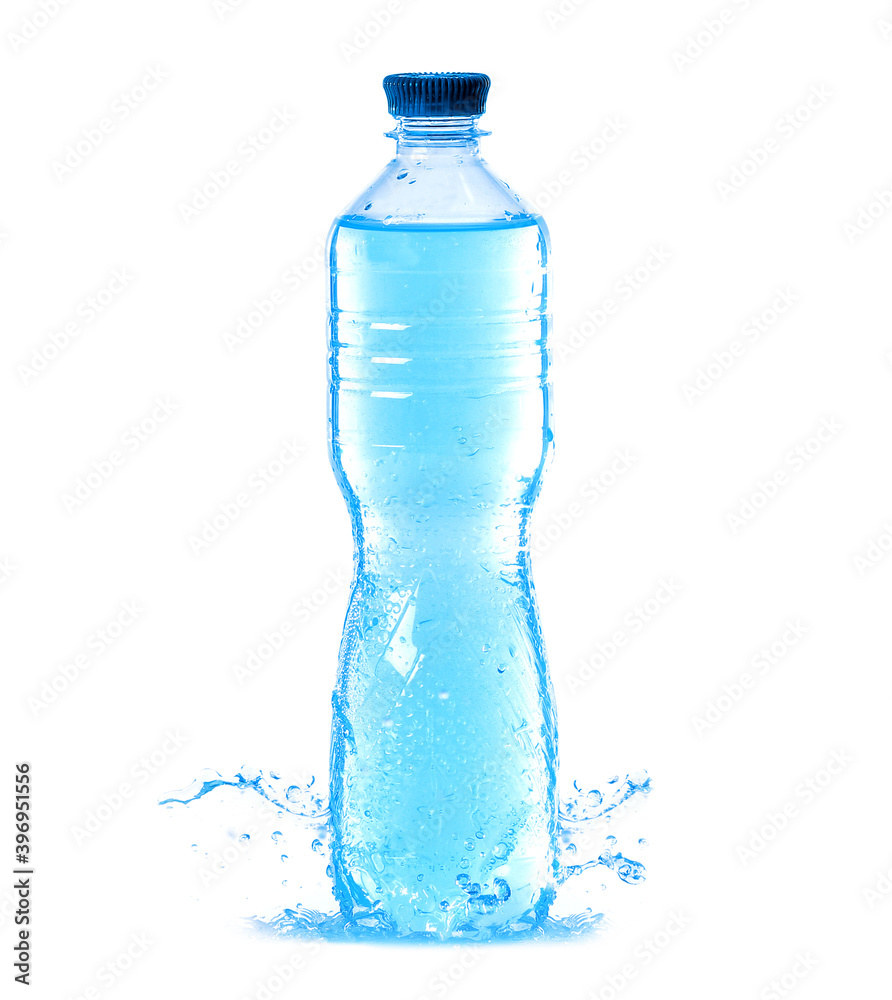 Bottle and splashes of water on white background Bottle and splashes of water on white background