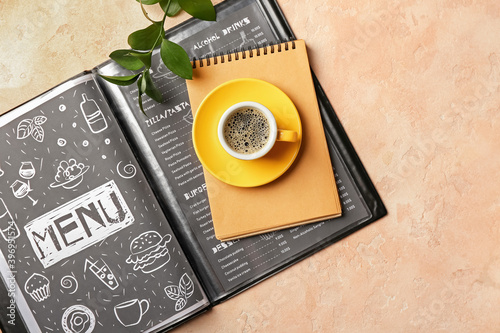Cup of hot coffee on table ...