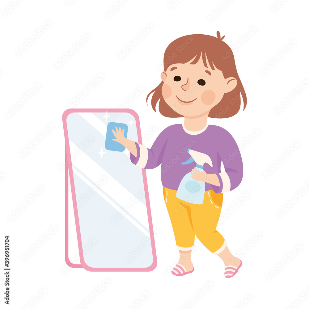 Cute Girl Cleaning Mirror Using Cleaner Sprayer, Kid Helping her Parents with Housework or Doing Household Chores Cartoon Style Vector Illustration Cute Girl Cleaning Mirror Using Cleaner Sprayer, Kid Helping her Parents with Housework or Doing Household Chores Cartoon Style Vector Illustration