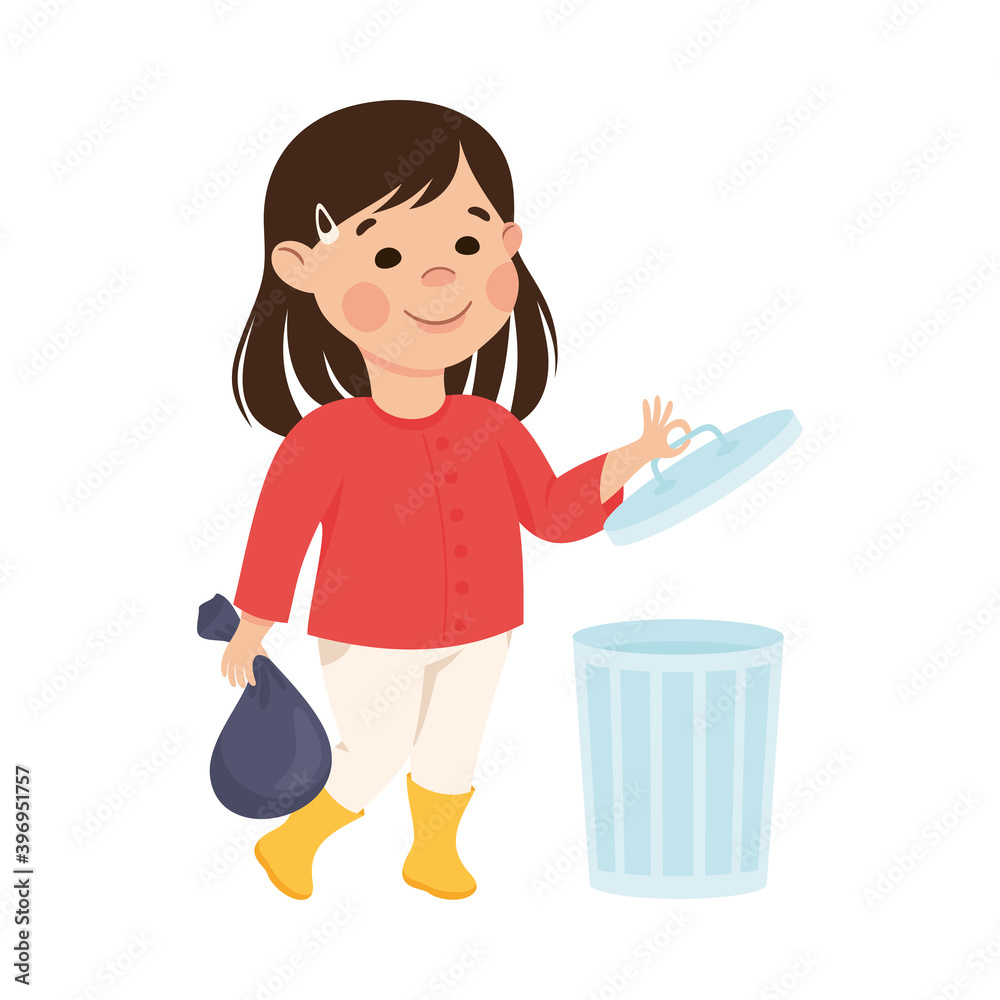 Cute Girl Throwing Garbage into Trash Can, Kid Helping her Parents with