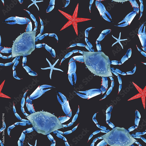 Beautiful vector seamless underwater pattern with watercolor blue crabs and starfish. Stock illustration.