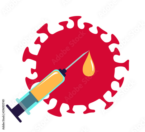Syringe and drop of anti covid virus vaccine. Big coronavirus on background. Vector concept for vaccination, immunization.