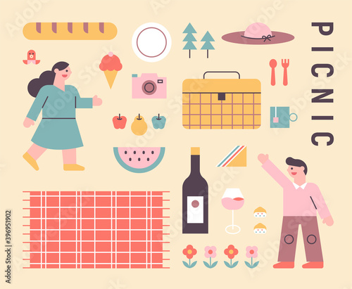 Picnic couple and picnic icons. flat design style minimal vector illustration.