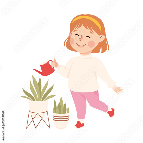 Cute Girl Watering Houseplants, Kid Helping her Parents with Housework or Doing Household Chores Cartoon Style Vector Illustration