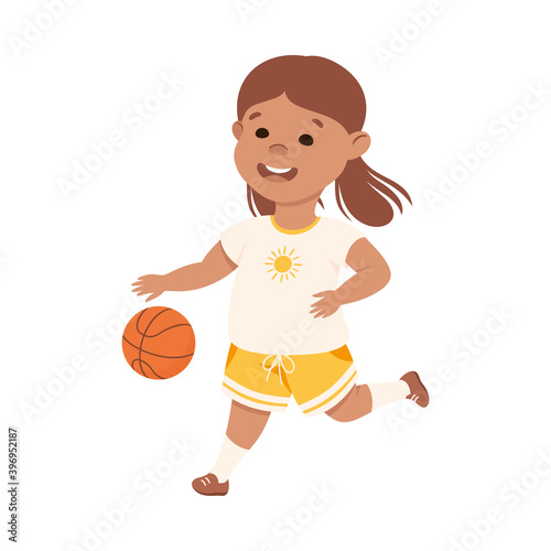 Cute Girl Playing Basketbal, Kid Doing Sports, Active Healthy Lifestyle Concept Cartoon Style Vector Illustration