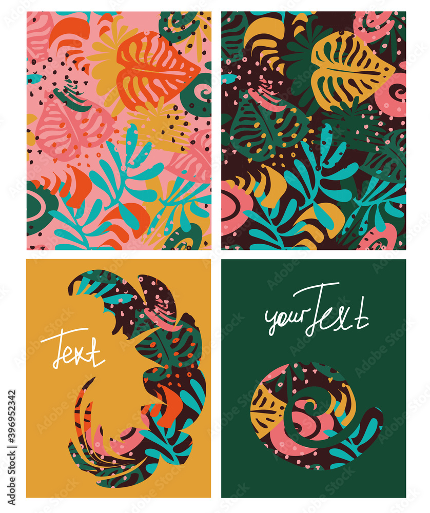 Set of vector templates with colored tropical leaves