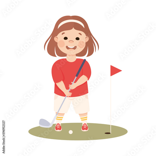 Cute Girl Playing Golf, Kid Doing Sports, Active Healthy Lifestyle Concept Cartoon Style Vector Illustration
