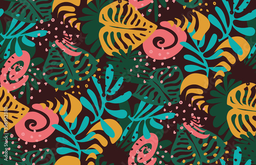 Vector pattern with colored tropical leaves