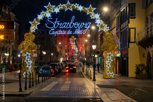 Evening street in Strassbourg  France  Christmas decoration and lights