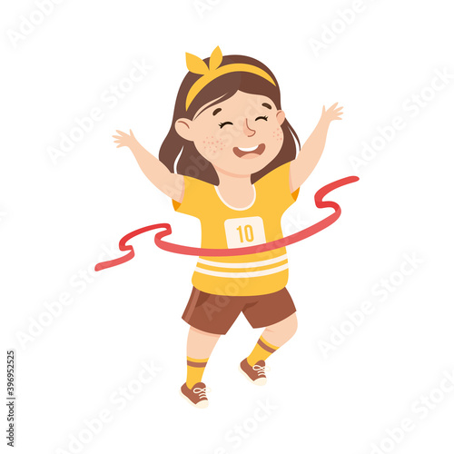 Girl Running to Finish Line First, Kid Doing Sports, Active Healthy Lifestyle Concept Cartoon Style Vector Illustration