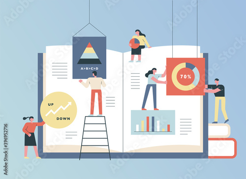 People are spreading a huge book and plotting pages together with graphs. flat design style minimal vector illustration.