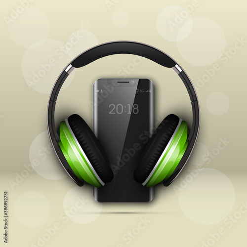 Image headphones on smartphone latest model background. Device for listening music on phone latest model background. Color stereo headphone for listening audio from phone. Banner earphones music party
