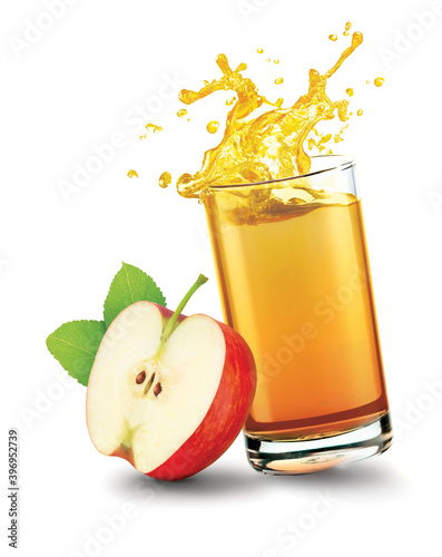 Apple juice splash out of glass with apple fruit on white background