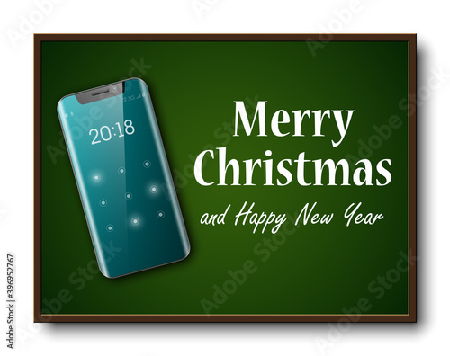 Greeting card Merry Christmas and Happy New Year holiday cellular telephone banner. Festive card congratulation Christmas holiday new model mobile phone, smartphone icon on school board, communicator