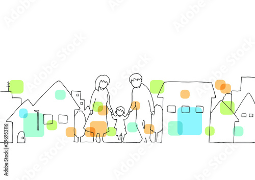 ファミリーと町並みの線画イラスト