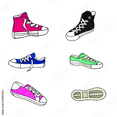 Handdrawn sports shoes vector illustration. Isolated models of sneakers.