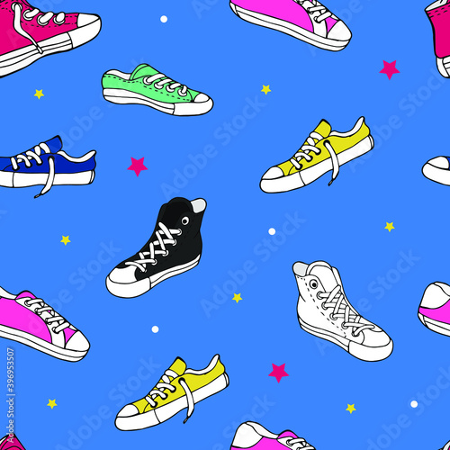 Sports shoes vector seamless. Pattern with models of sneakers. Keds background.