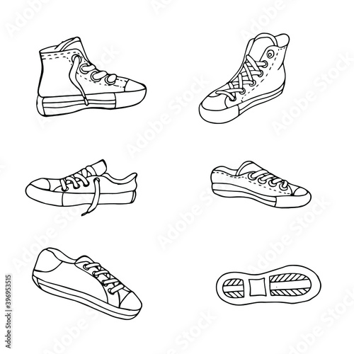 Handdrawn sports shoes vector illustration. Isolated models of sneakers.