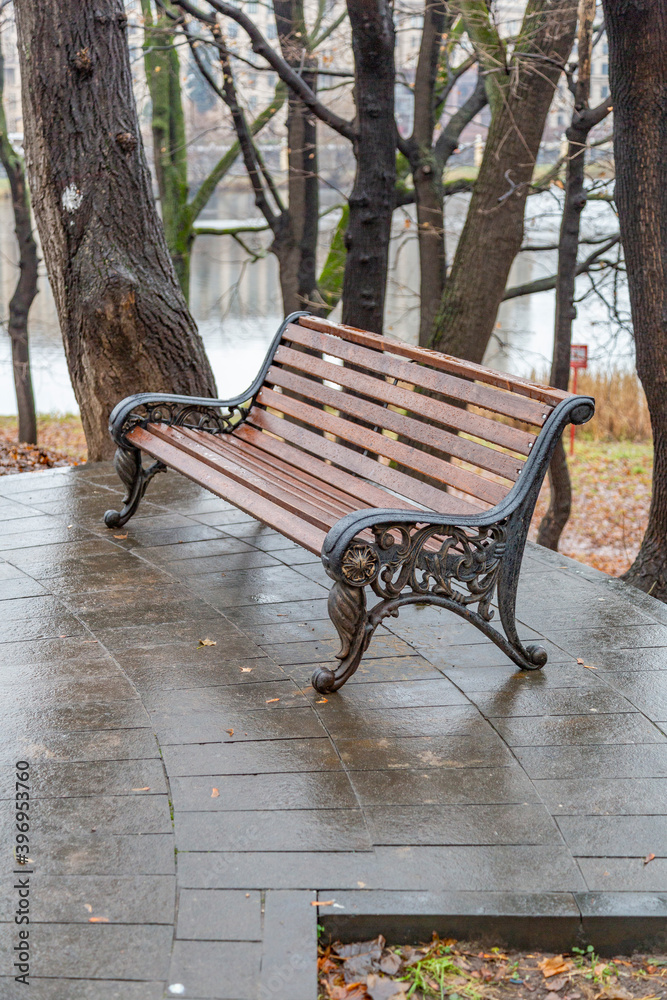 A recreation bench made of wood in a city park in autumn