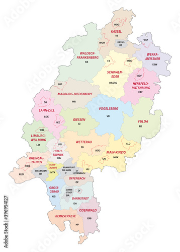 Vector map of the Hessian district with Vehicle registration plates  Germany