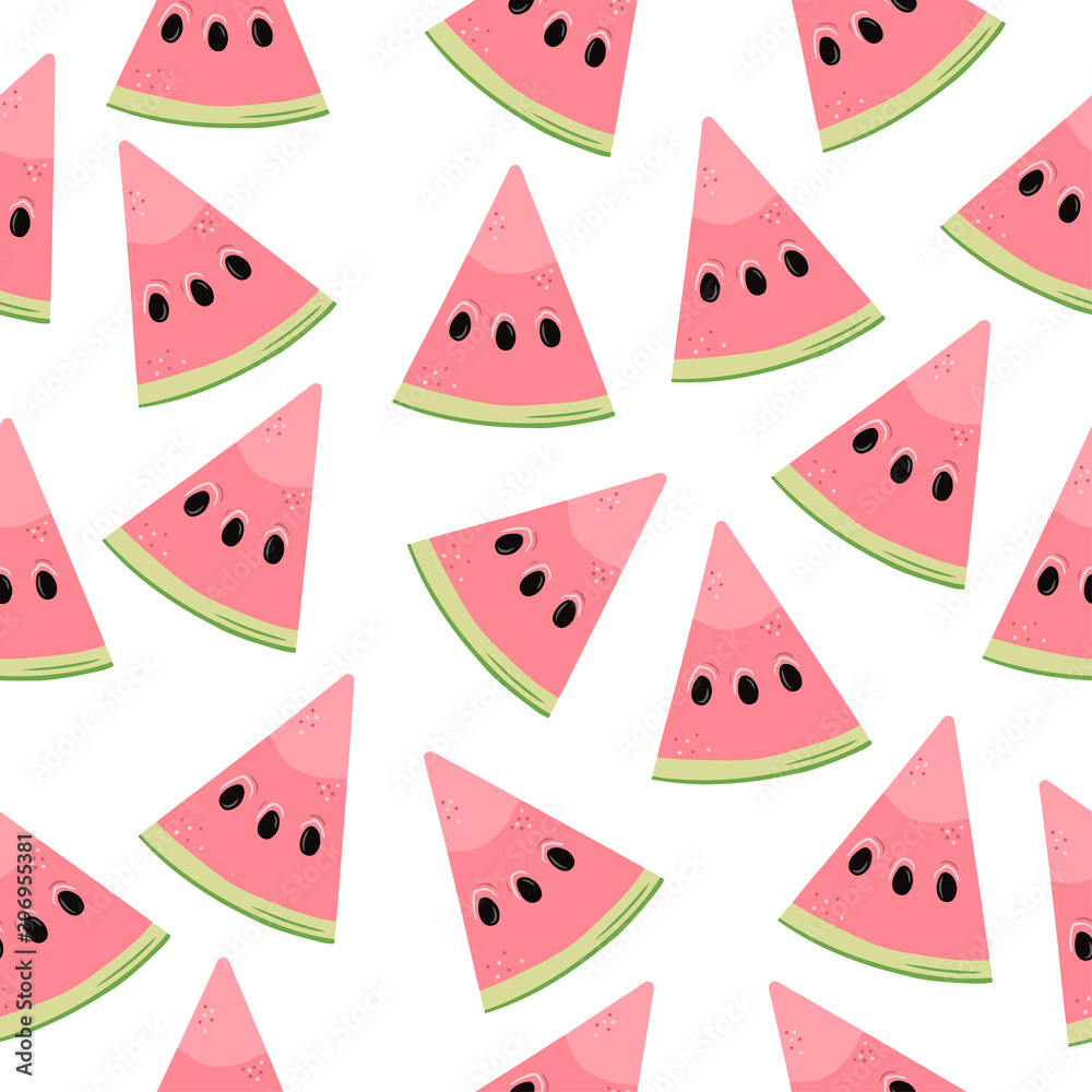 Seamless pattern with hand drawn colorful watermelons on a white background. Doodle, simple illustration. It can be used for decoration of textile, paper and other surfaces.