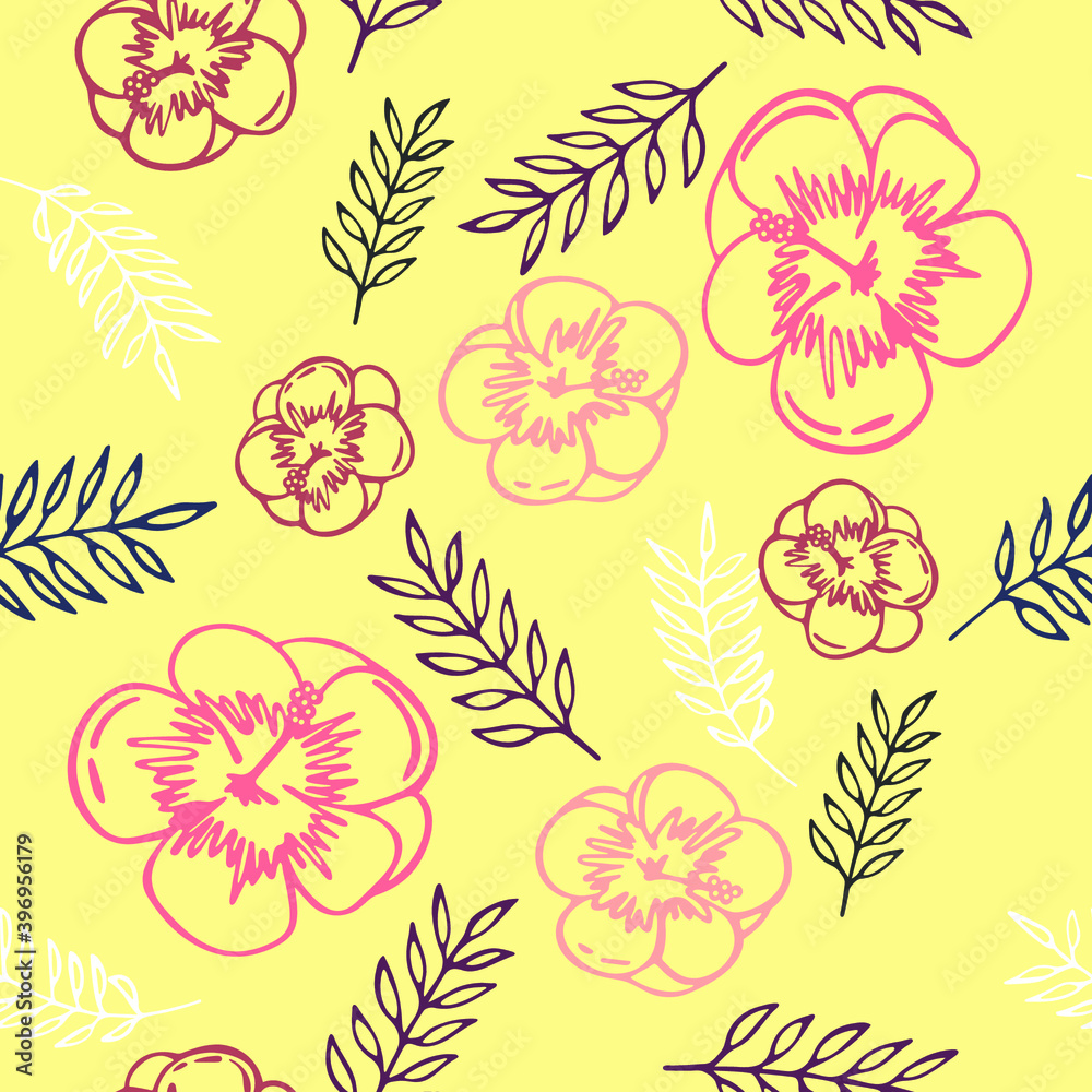 Fototapeta premium Beautiful bright pattern with tropical hibiscus flowers, leaves and branches. Exotic plants in a bright seamless pattern. Vector illustration.