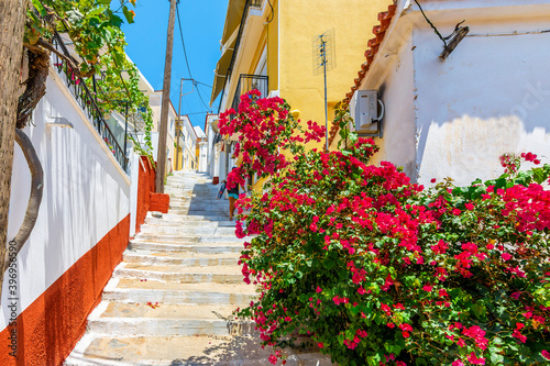 Vathi street view in Samos Island. Vathi typical Greece town in Eagean Sea.