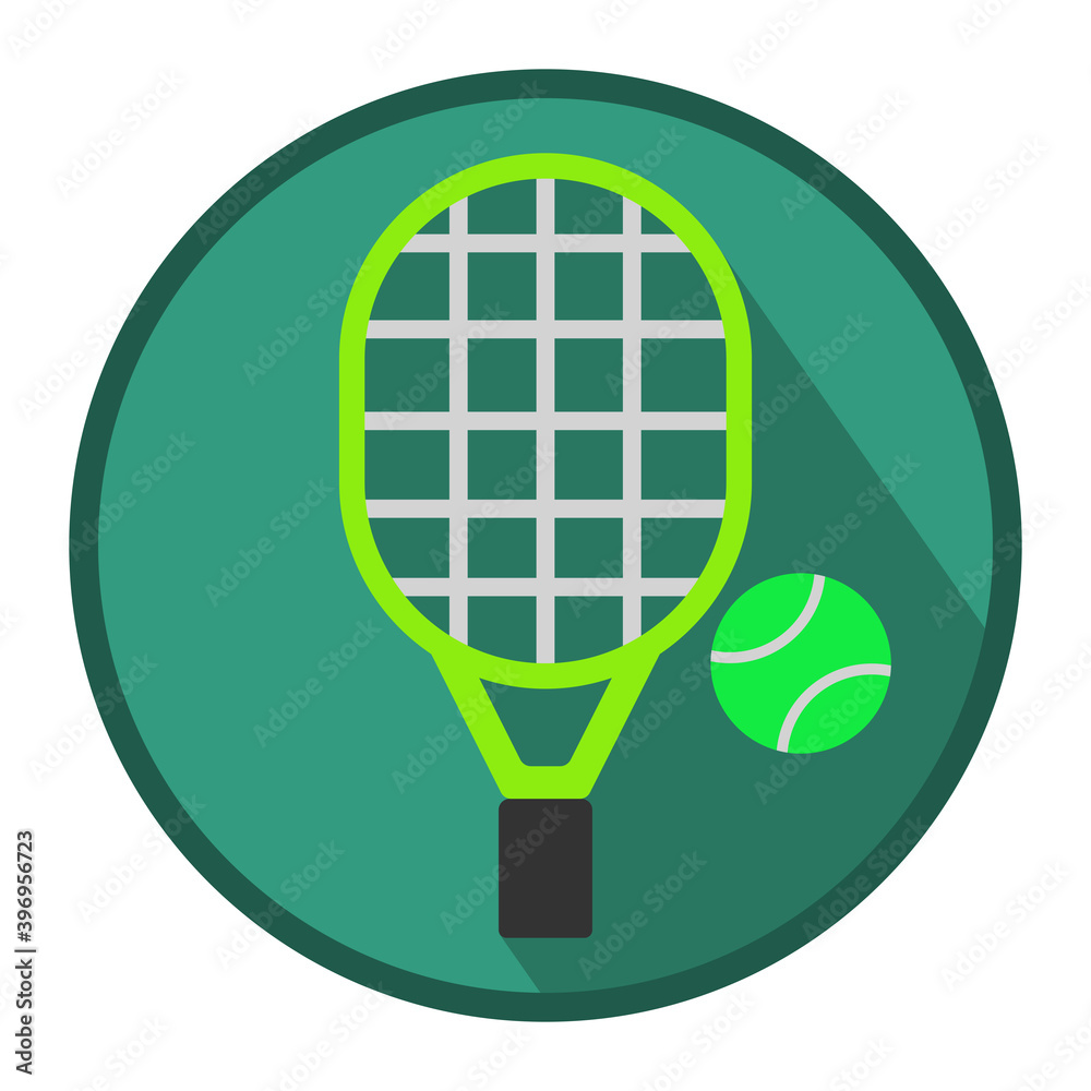 Tennis racquet icon. Flat design. Silhouette of tennis racket and ball