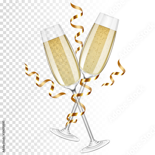 Champagne glasses with champagne and gold ribbon