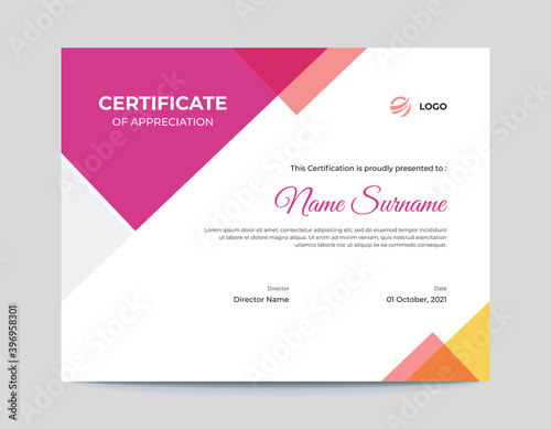 Abstract Colored Pink and Orange Geometric Shapes Certificate Design Template
Letter Size 11x8.5 with .125 Bleed