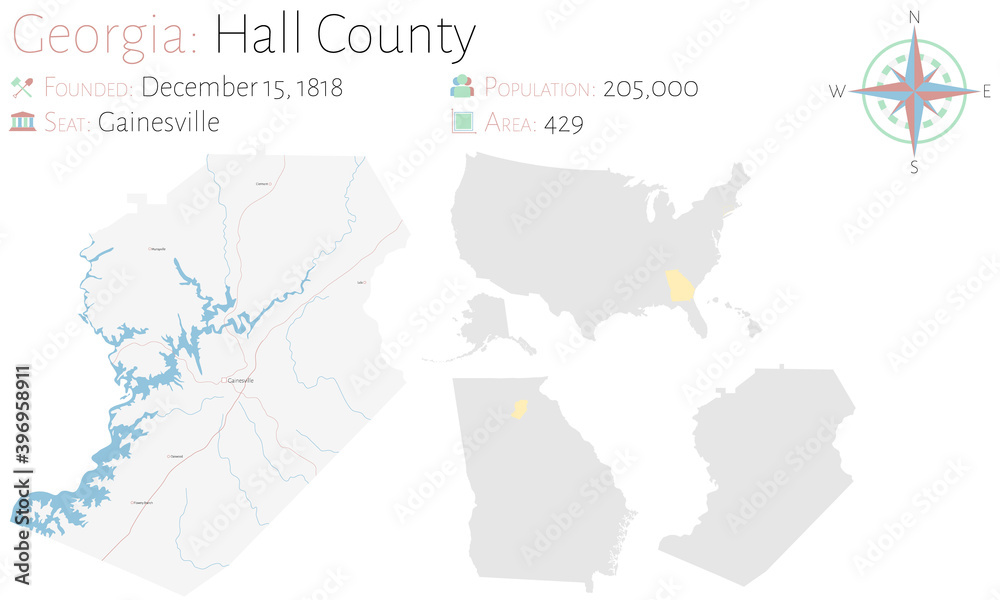 Large and detailed map of Hall county in Georgia, USA.
