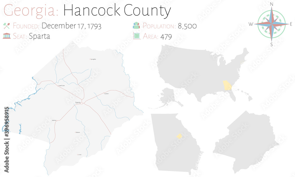 Fototapeta premium Large and detailed map of Hancock county in Georgia, USA. 
